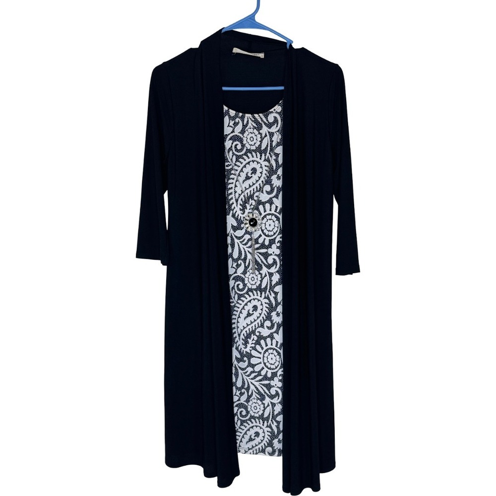 Tiffany & Grey Dress Womens Medium Black White Paisley Lace Attached Cardigan M